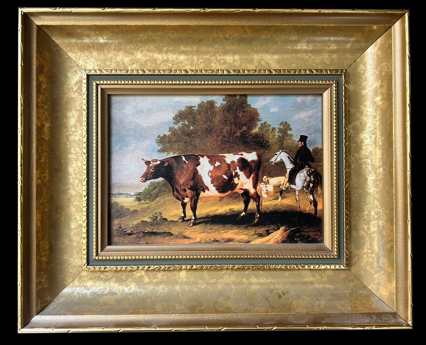 250514-25 Antique Pair Framed Oil Paints of Cow & Ox