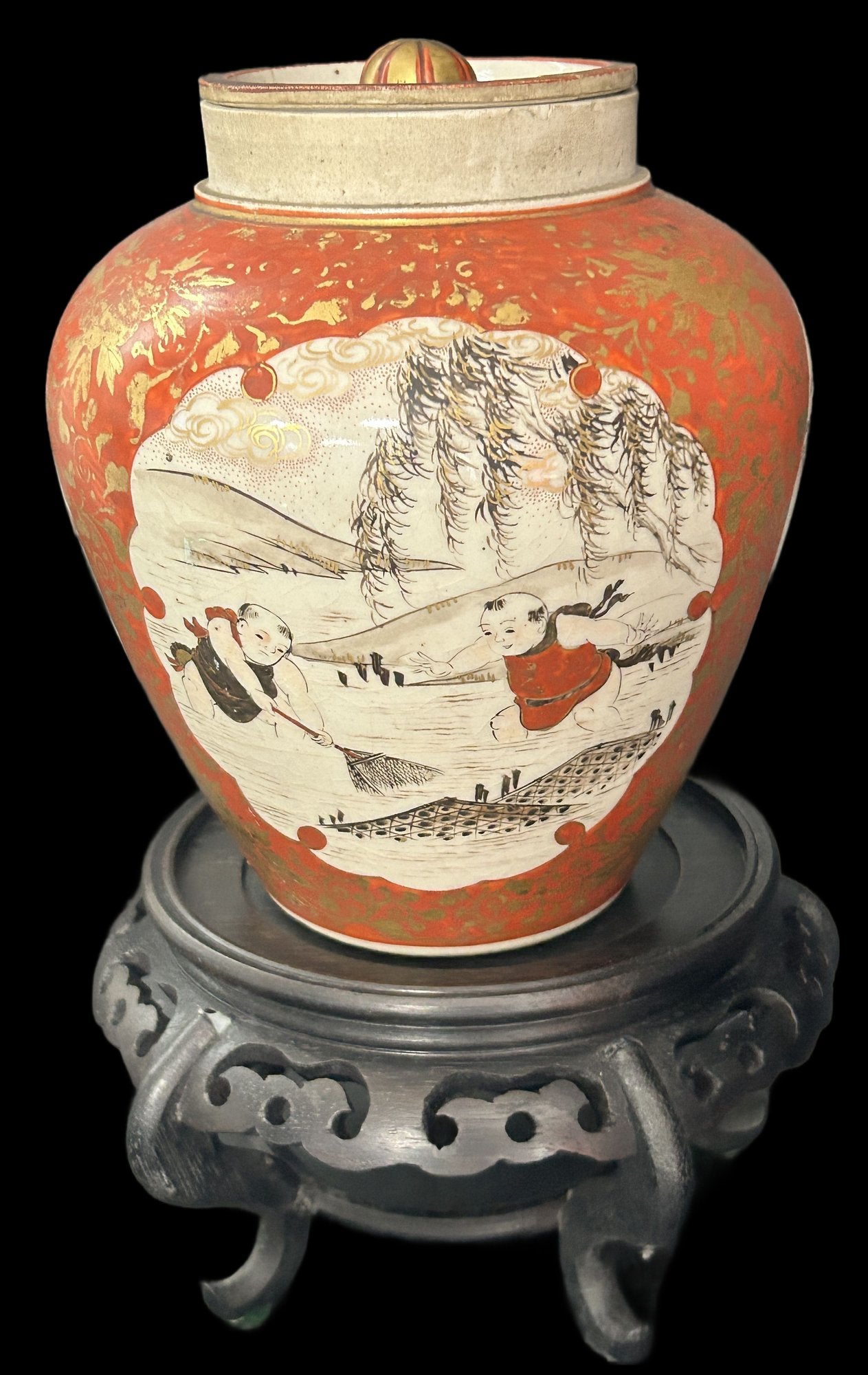 250806-12 Antique Katani Style Meiji Ginger Jar On Stand