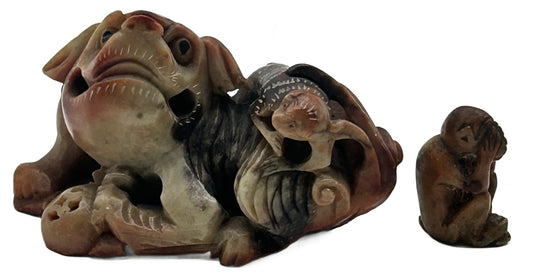 280806-14 Chinese Carved Soapstone Dog & Monkey