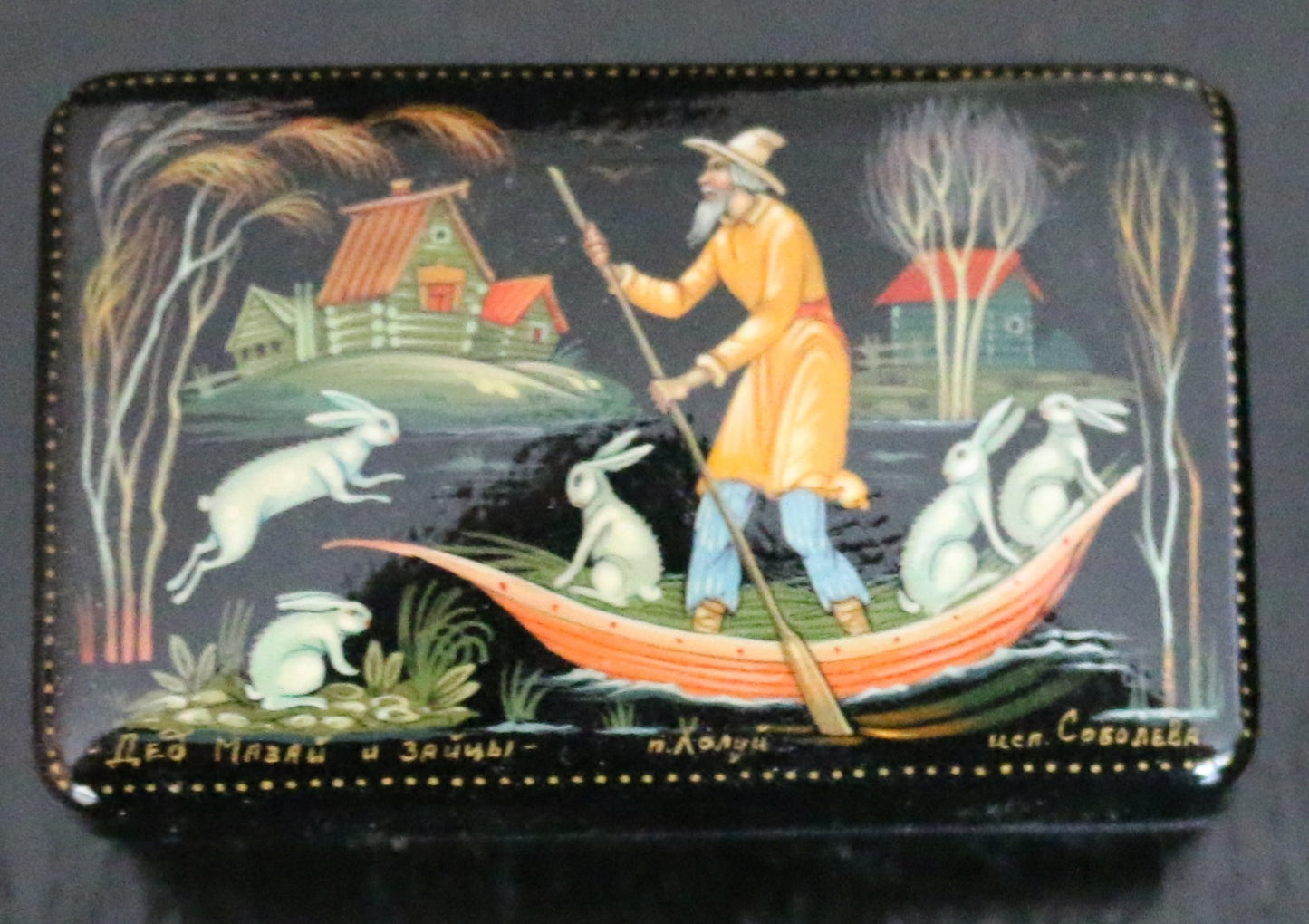 250814-3C Russian Black Lacquered Grandfather Mazay an The Hares