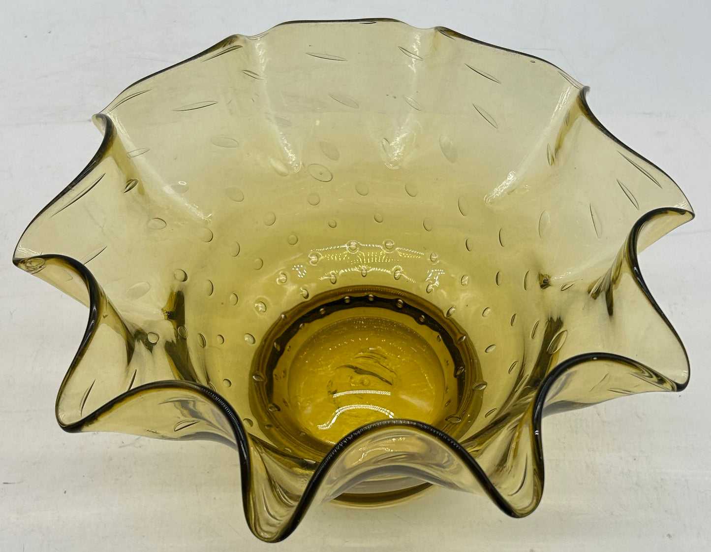 260225-3A MCM Blenko Amber Ruffled Rim Bowl