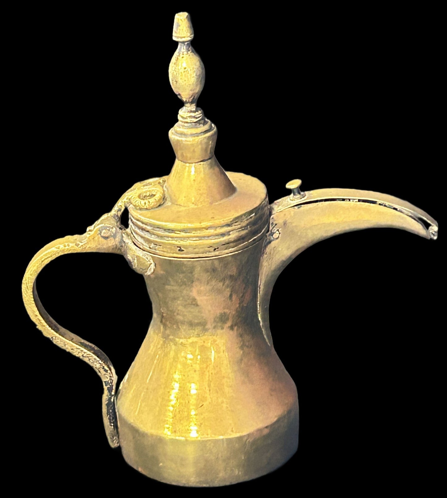 250806-22 Antique Brass Arabic Dallah Coffee Pot, 10"H