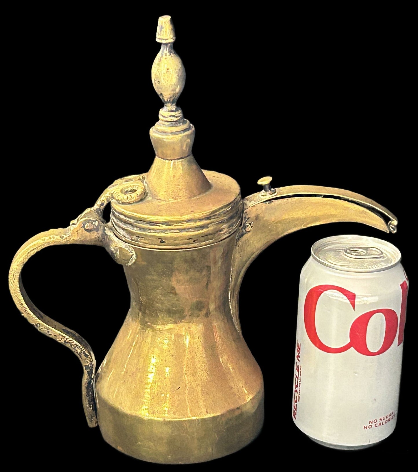 250806-22 Antique Brass Arabic Dallah Coffee Pot, 10"H