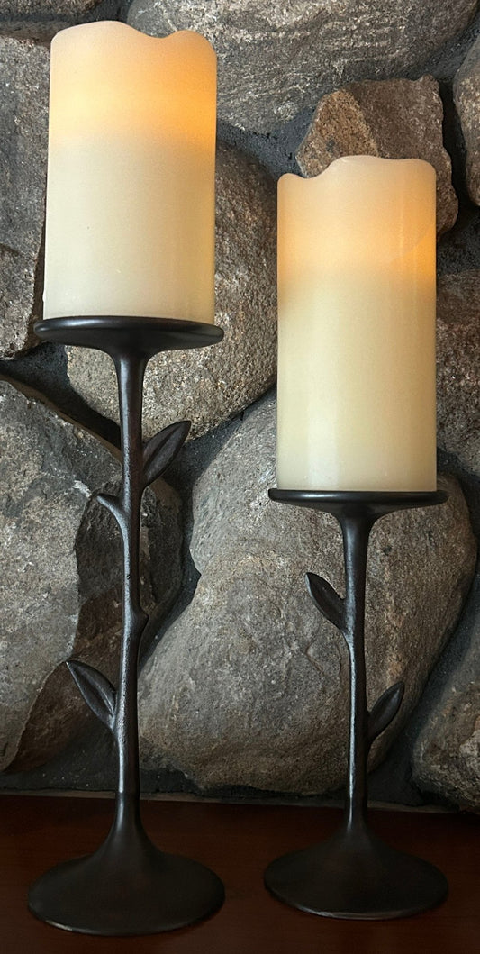 260618-2A Pair Metal Leaf & Stem Form Column Candle Holders