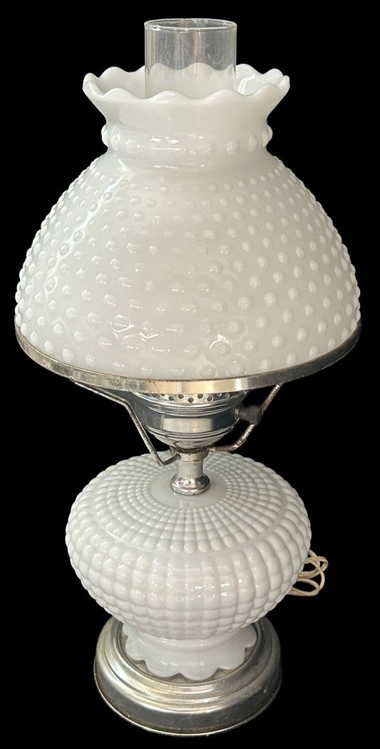 250806-33 Milk Glass Hobnail Table Lamp 17"