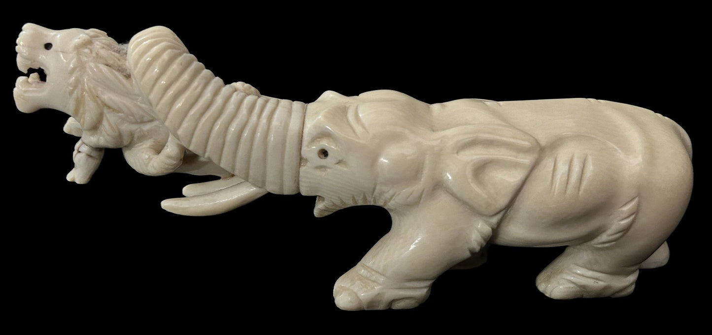 250611-4 Antique Chinese Carved Elephant With Lion In Tusk
