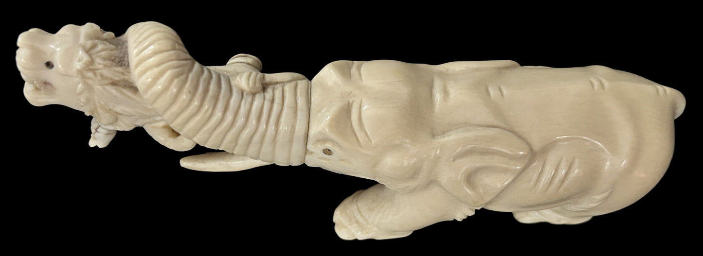 250611-4 Antique Chinese Carved Elephant With Lion In Tusk