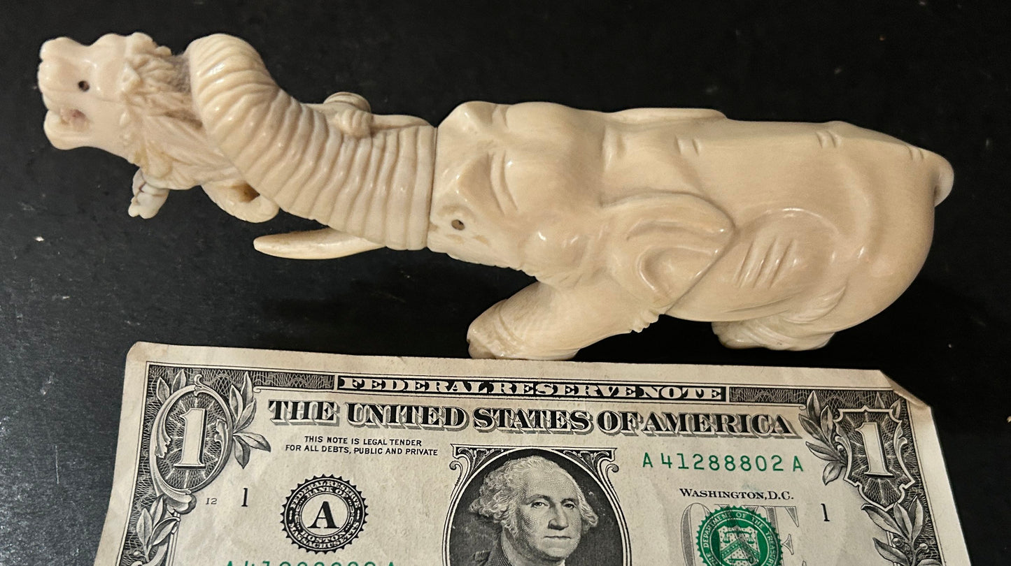 250611-4 Antique Chinese Carved Elephant With Lion In Tusk