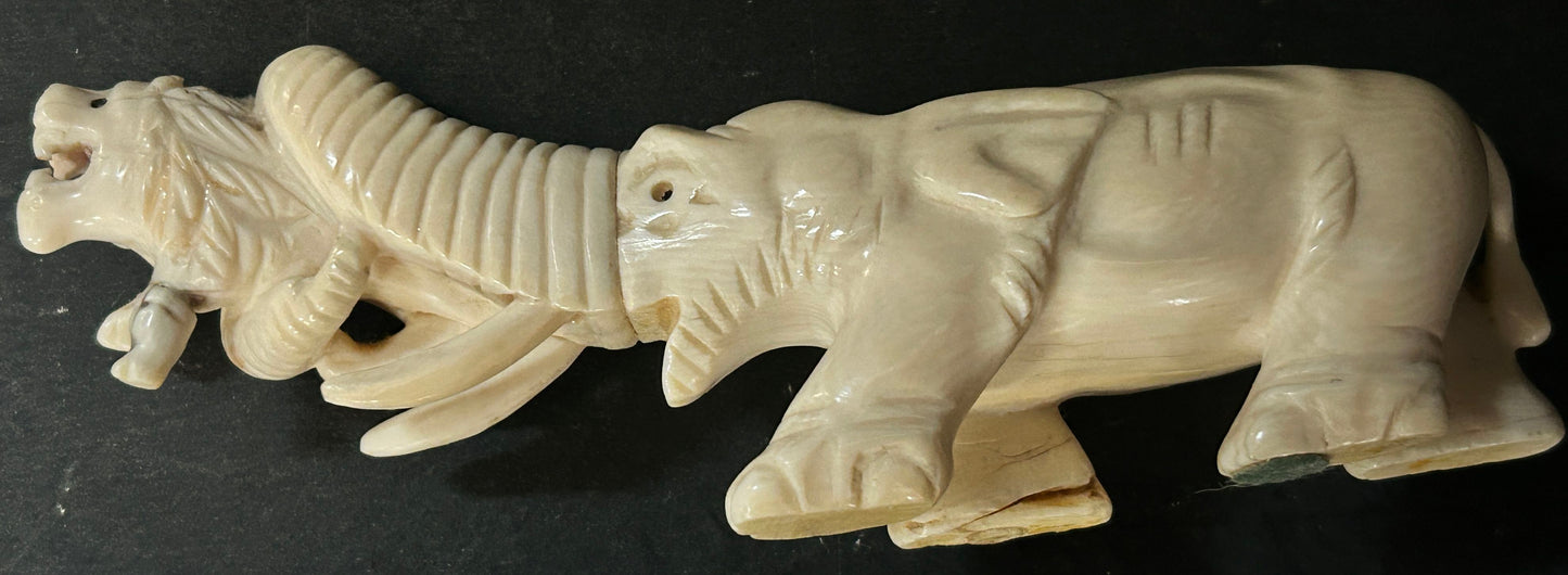 250611-4 Antique Chinese Carved Elephant With Lion In Tusk