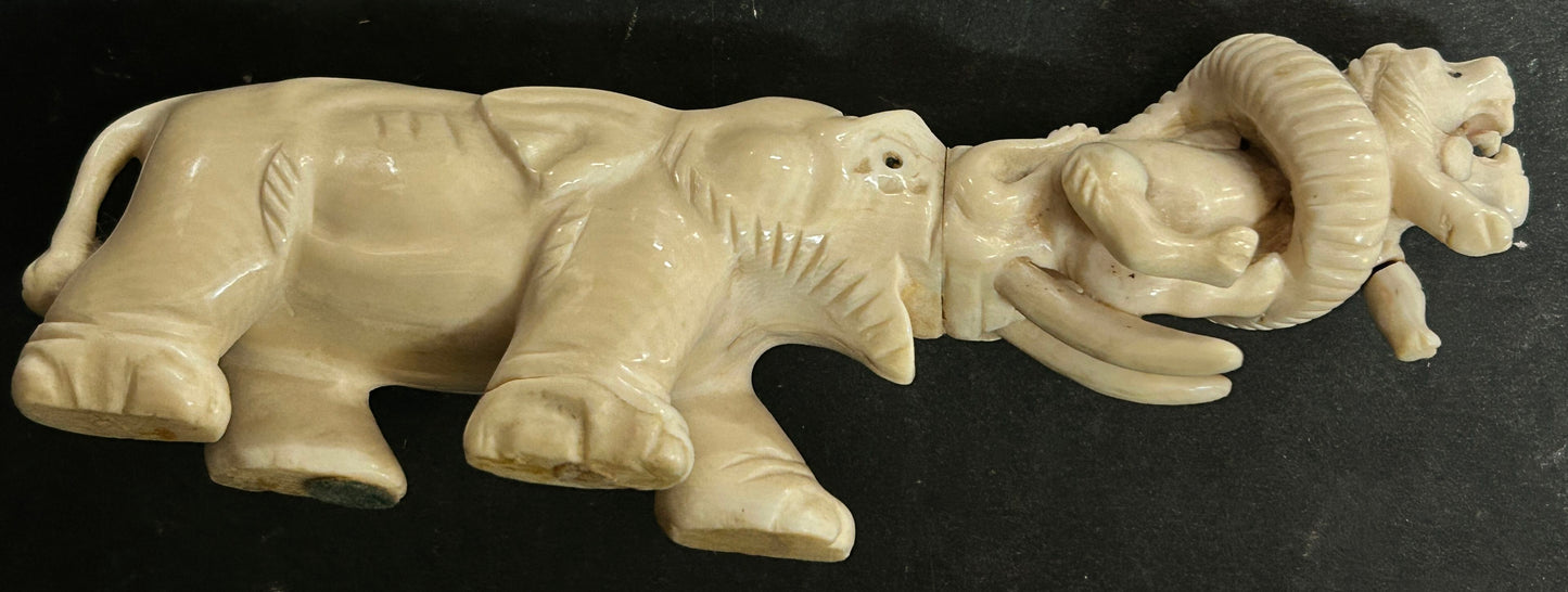 250611-4 Antique Chinese Carved Elephant With Lion In Tusk