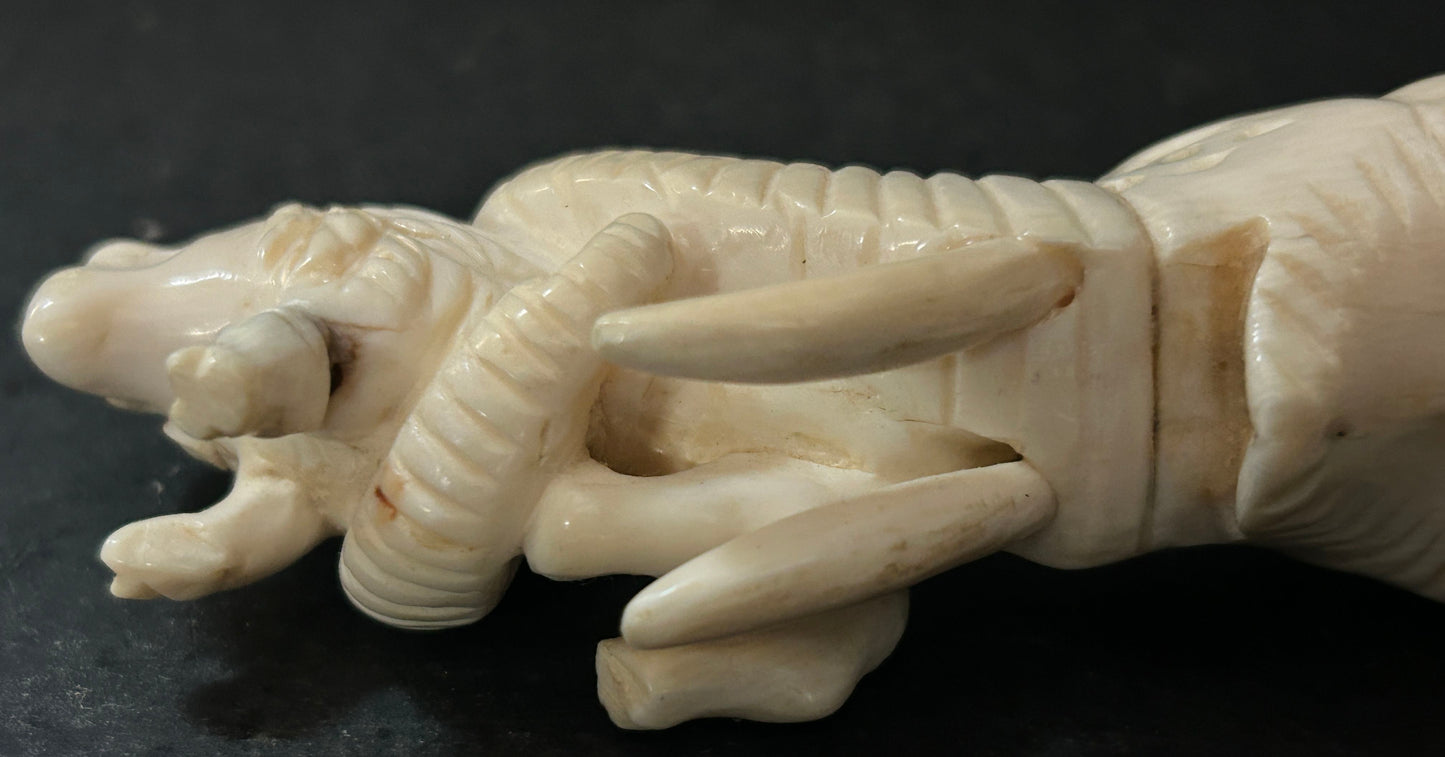 250611-4 Antique Chinese Carved Elephant With Lion In Tusk