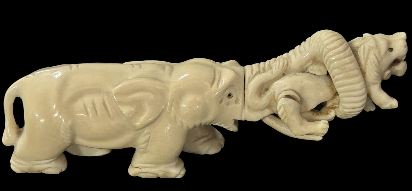 250611-4 Antique Chinese Carved Elephant With Lion In Tusk