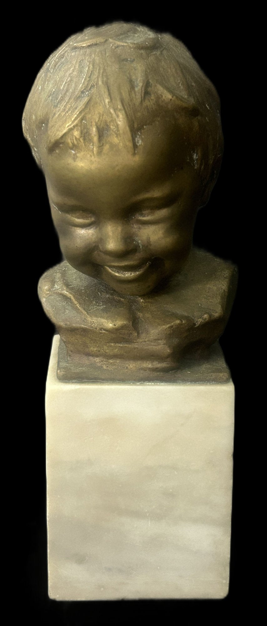 240807-1 "Laughing Larry" Signed Balestrieri Bronze Boy on Marble Plinth