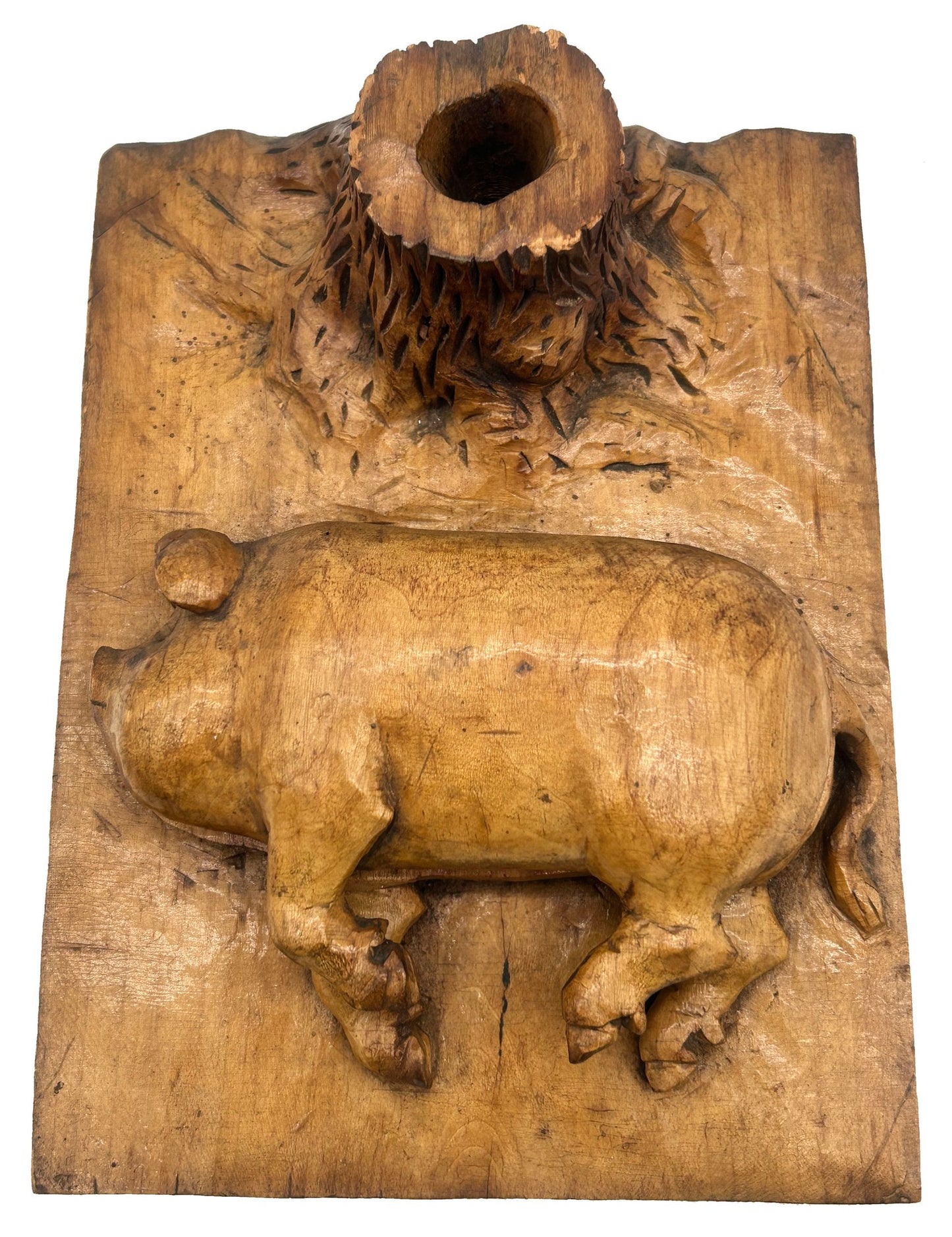 Antique Treenware Carved Hog & Stump Pen Holder/Hinged Stamp Box, Primitive