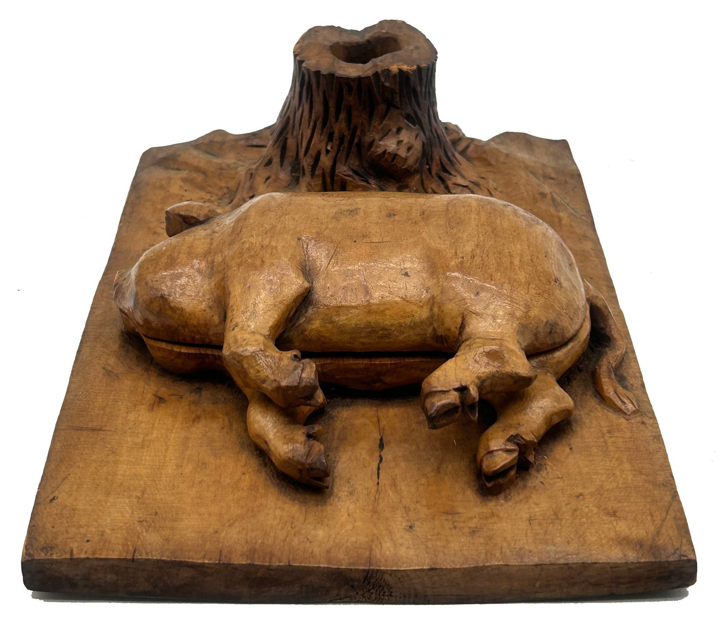 Antique Treenware Carved Hog & Stump Pen Holder/Hinged Stamp Box, Primitive