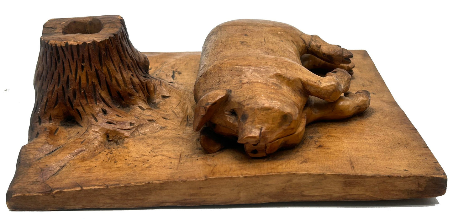 Antique Treenware Carved Hog & Stump Pen Holder/Hinged Stamp Box, Primitive