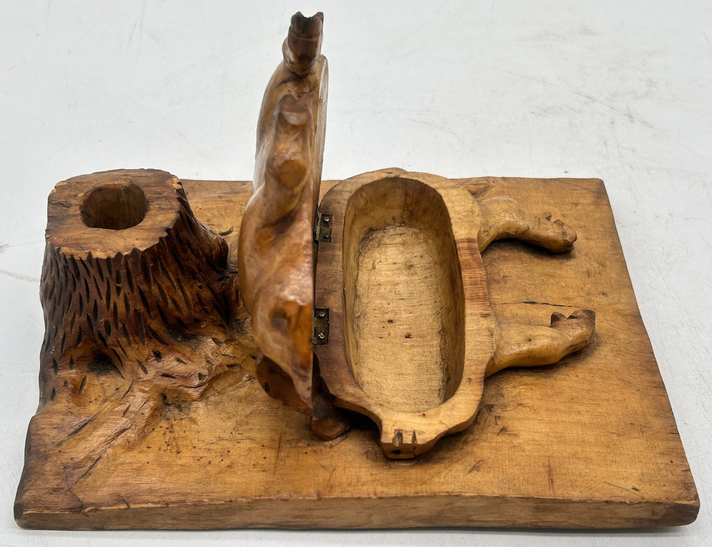 Antique Treenware Carved Hog & Stump Pen Holder/Hinged Stamp Box, Primitive