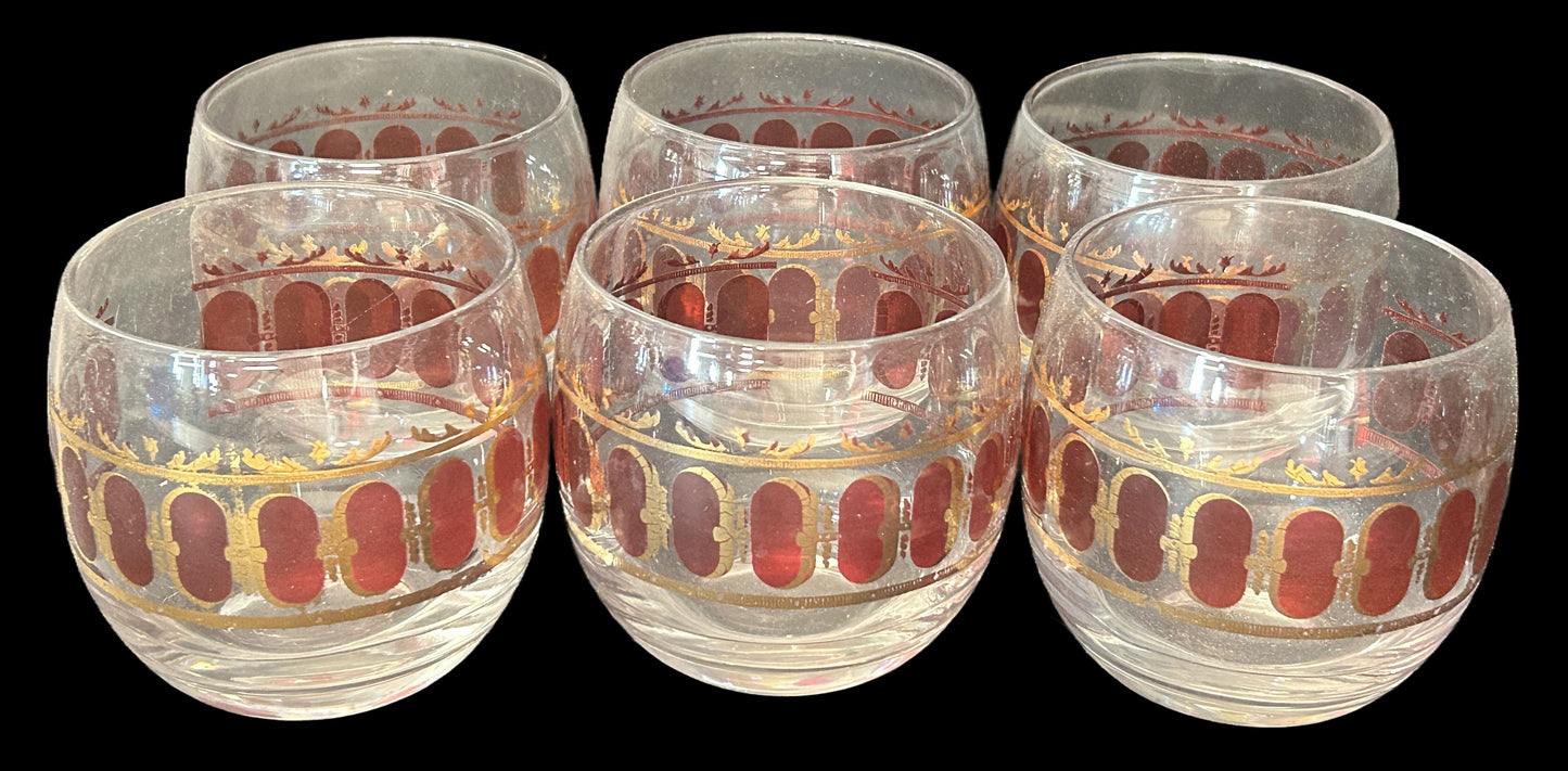 250305-5 6-Pcs MCM Culver cranberry Scroll Roly-Poly Lowball G