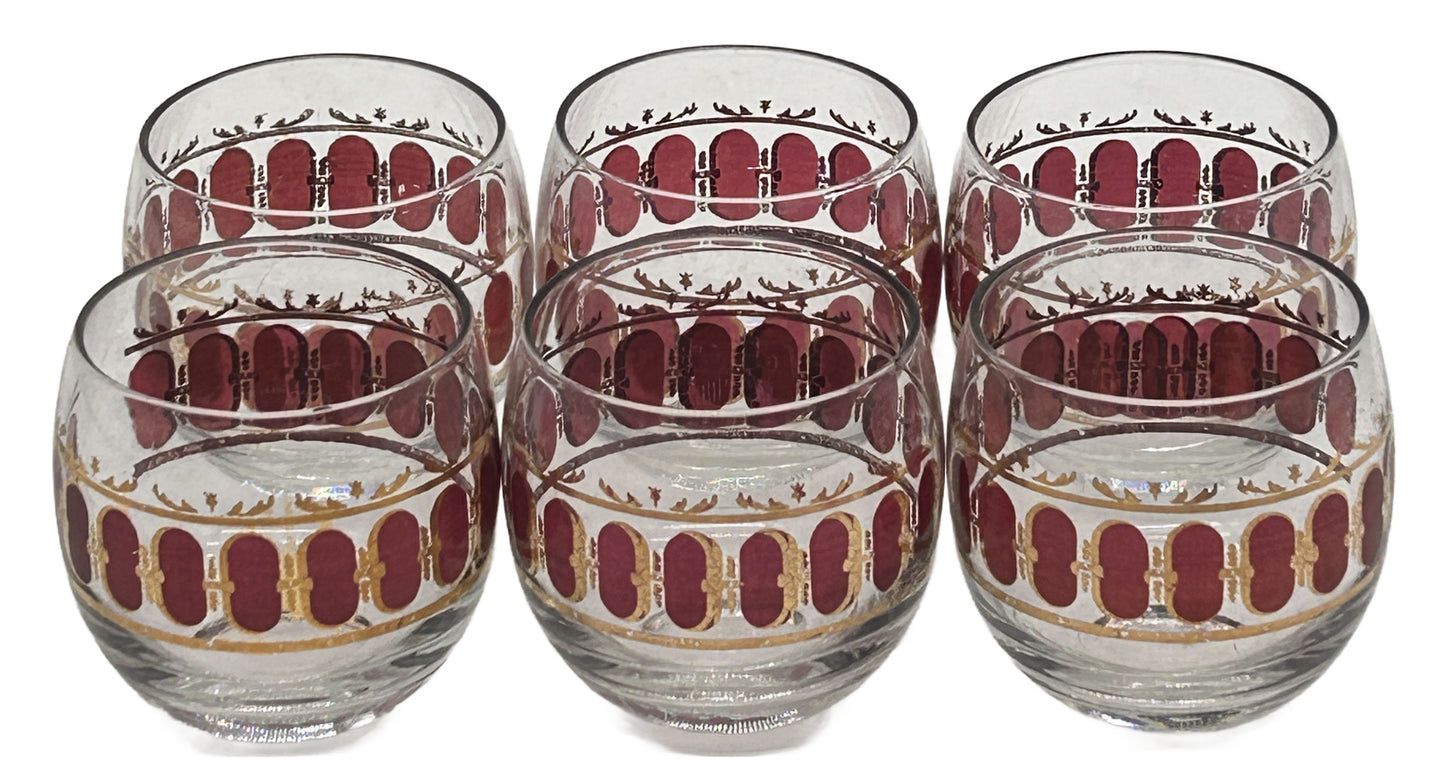 250305-5 6-Pcs MCM Culver cranberry Scroll Roly-Poly Lowball G