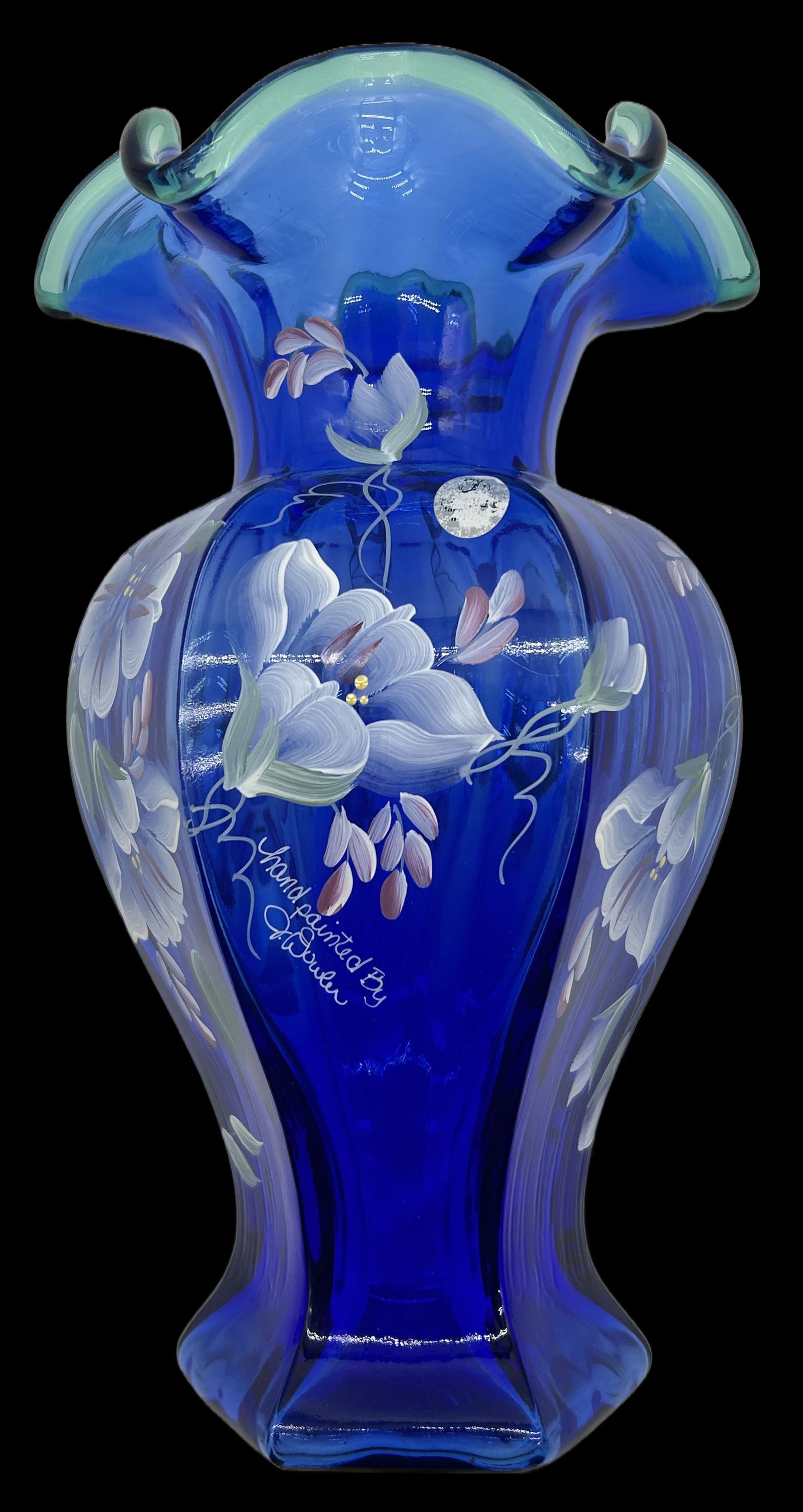 250305-6 Fenton 75th Anniversary Enameled Cobalt Vase