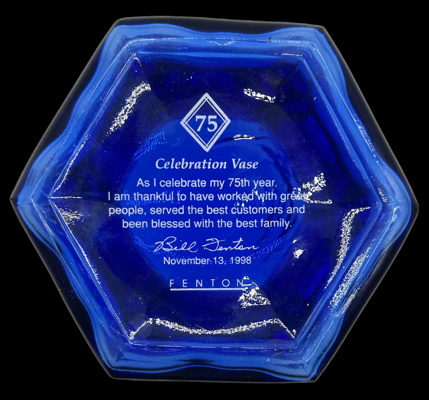 250305-6 Fenton 75th Anniversary Enameled Cobalt Vase