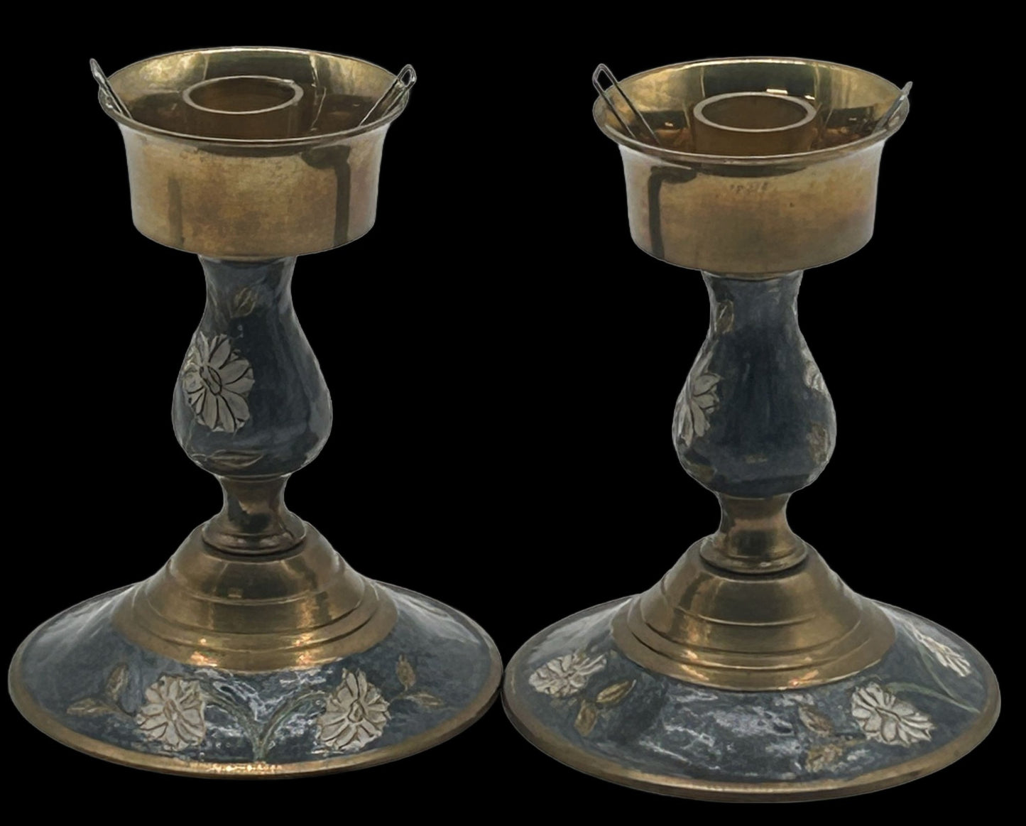 260408-37 Pair Enameled Brass Candlestick Holders
