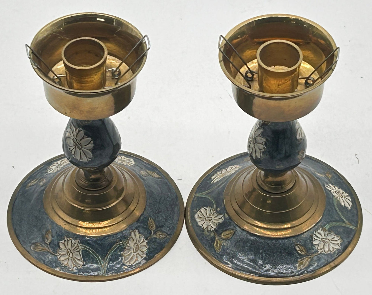 260408-37 Pair Enameled Brass Candlestick Holders