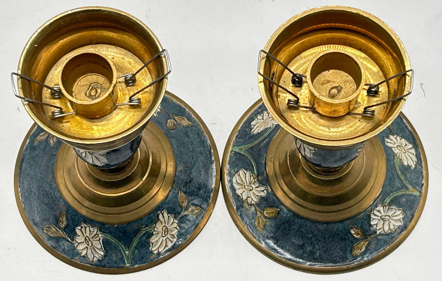 260408-37 Pair Enameled Brass Candlestick Holders