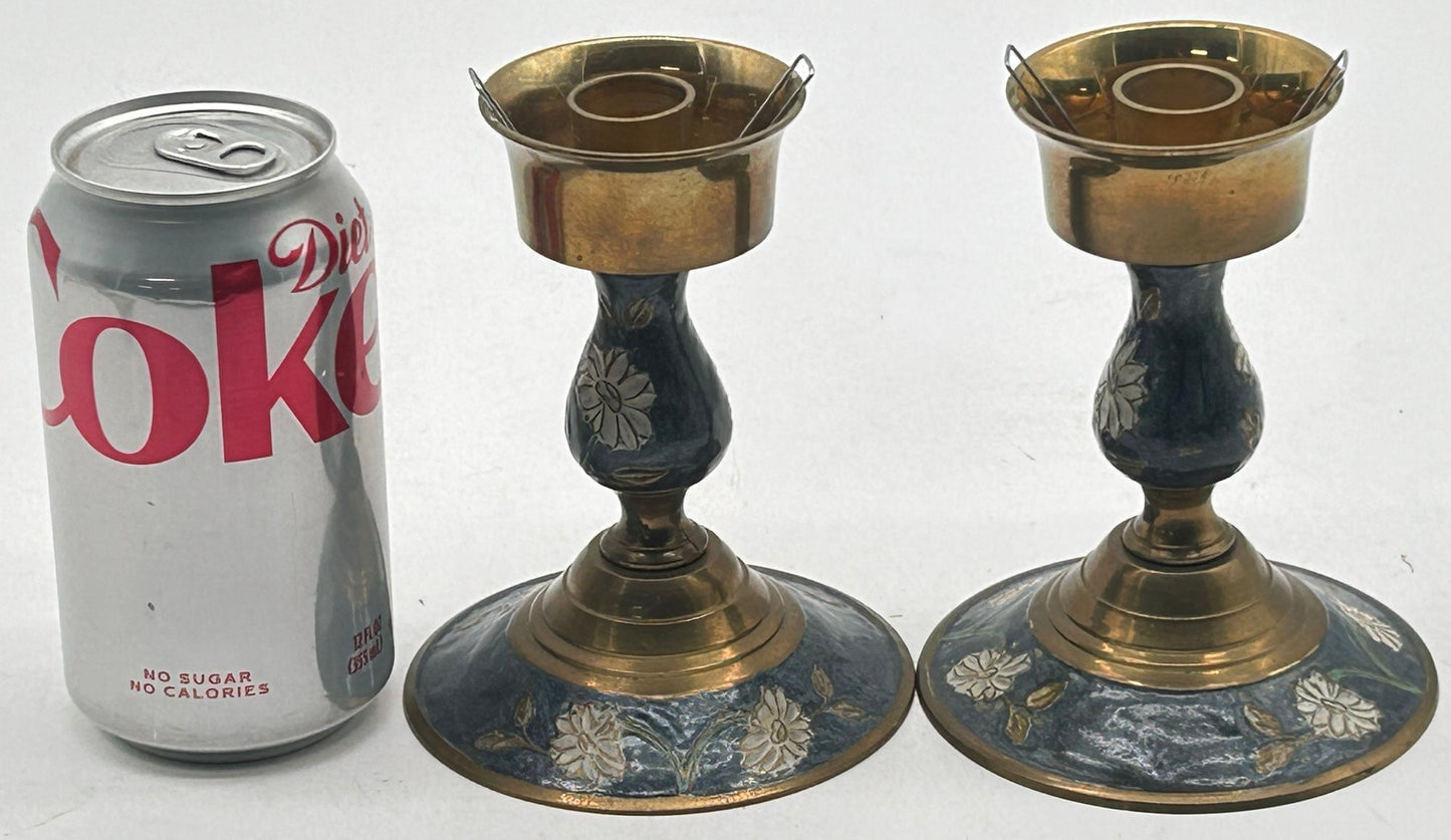 260408-37 Pair Enameled Brass Candlestick Holders