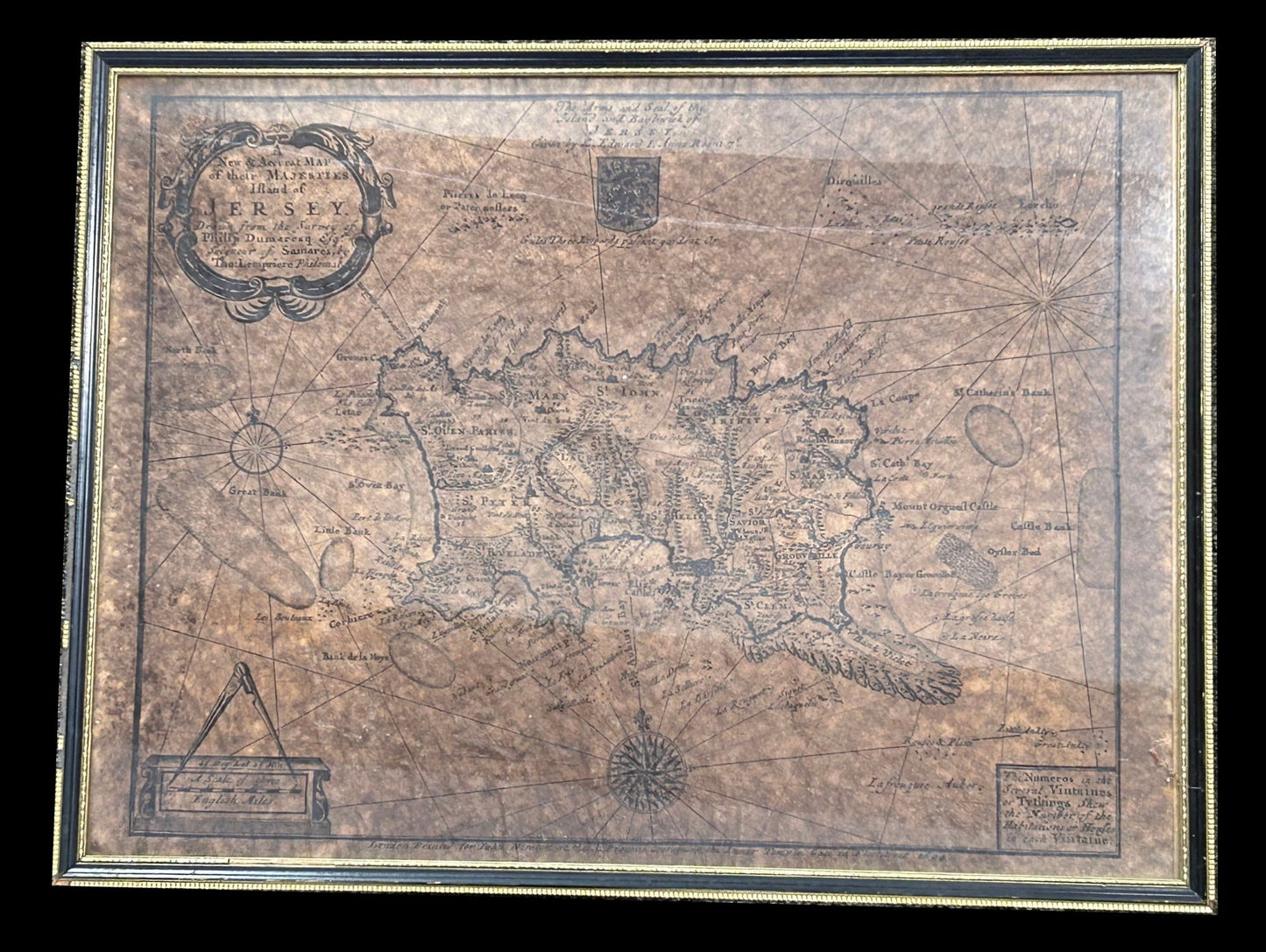 260408-40 Framed Reproduction Of 1694 Map Of Isle Of Jersey