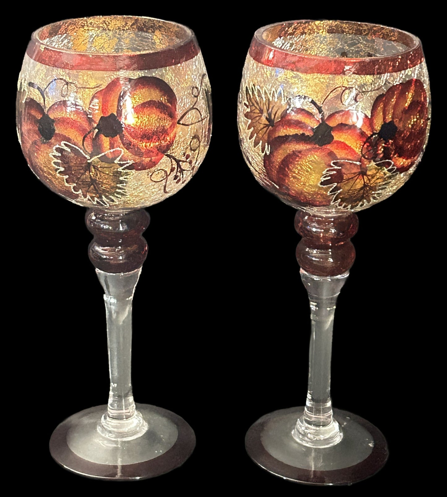260708-7 Pair Decorator Fall Pumpkin Stemmed Candle Holders