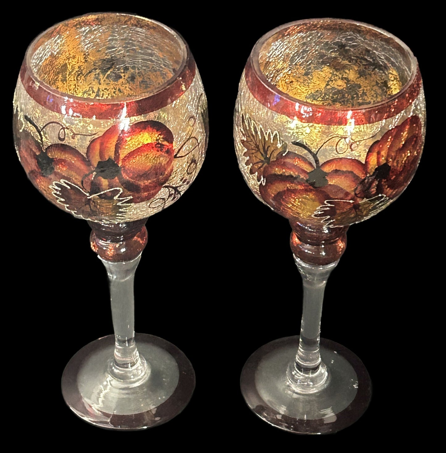260708-7 Pair Decorator Fall Pumpkin Stemmed Candle Holders