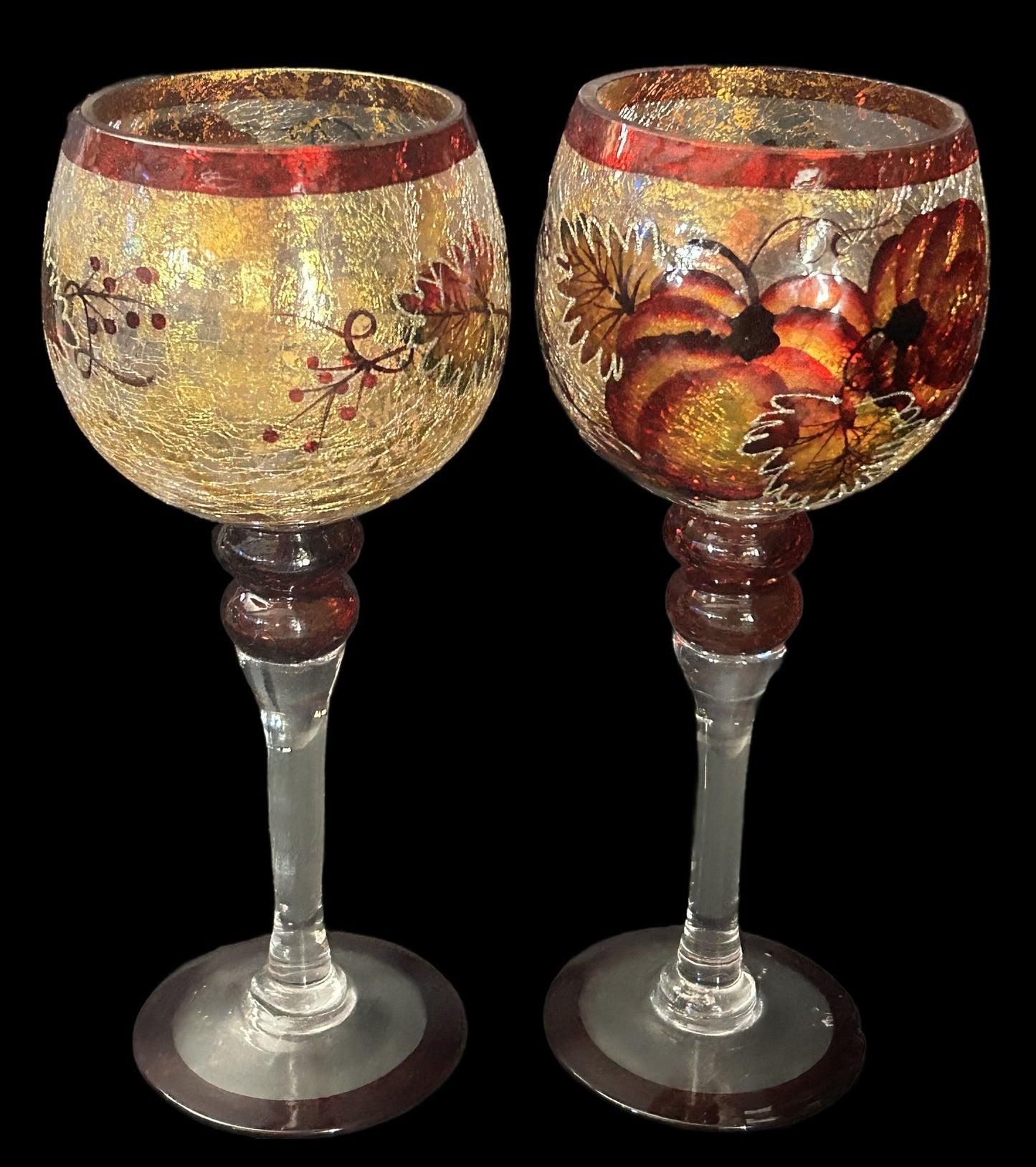 260708-7 Pair Decorator Fall Pumpkin Stemmed Candle Holders