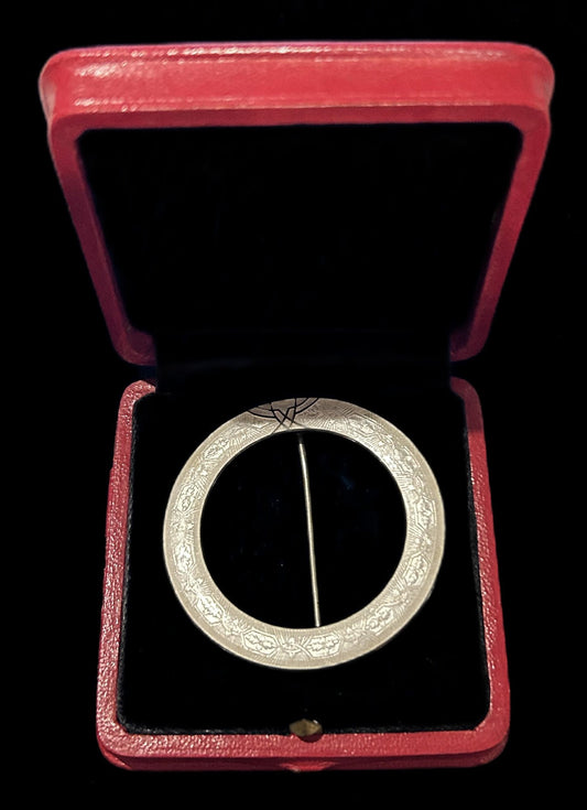 Sterling Art Deco Guilloche 2" Diam. Circle Brooch In Presentation Case