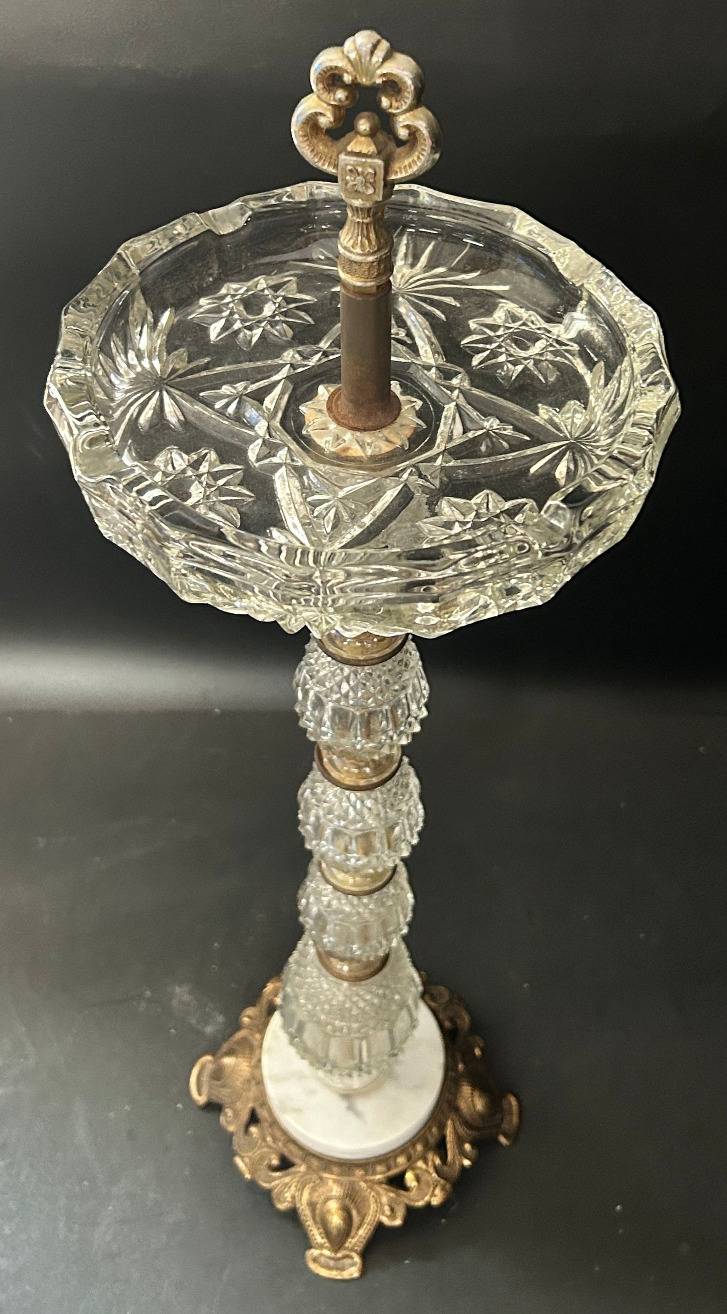 250611-7 Vintage Crystal & Brass Floor Ashtray