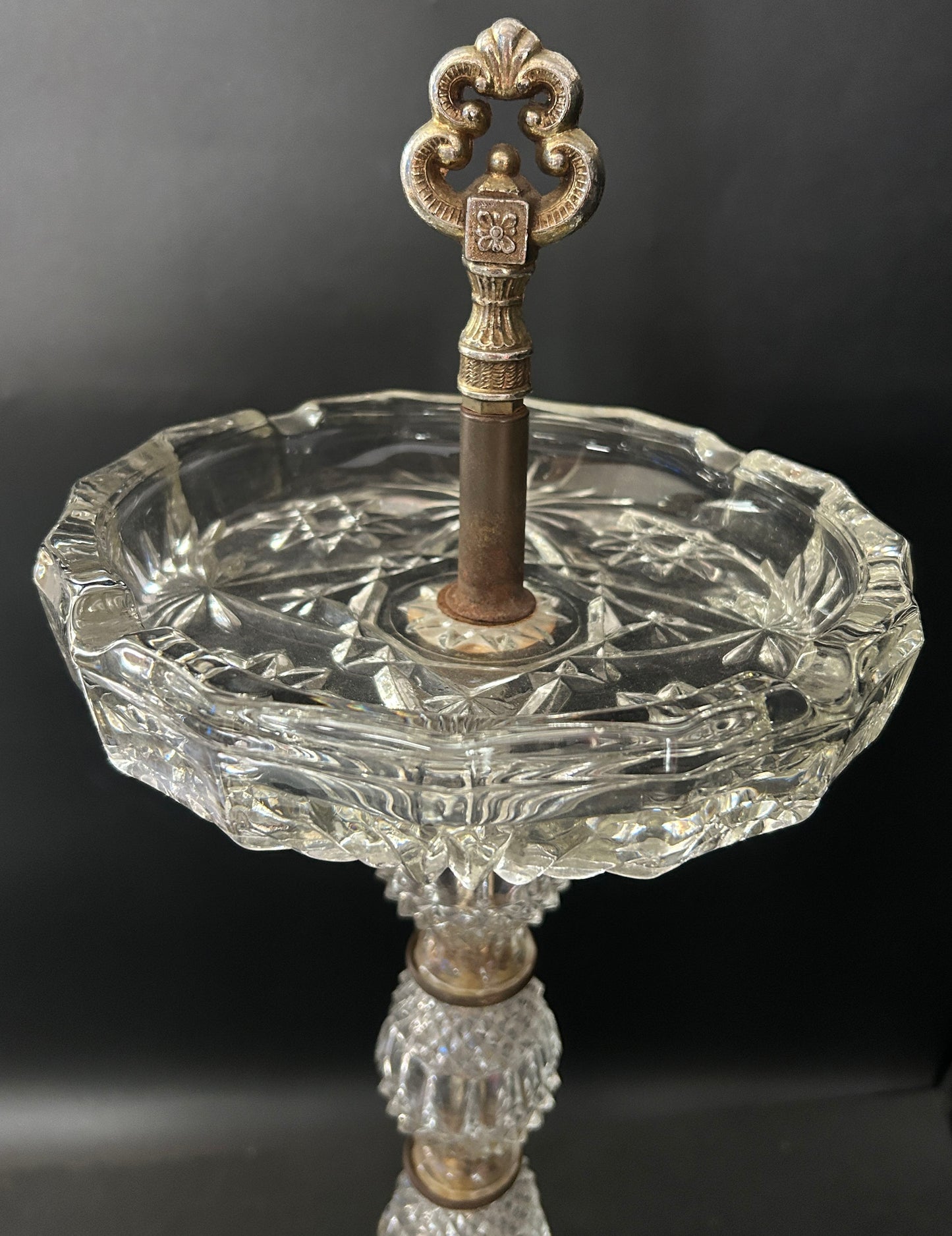 250611-7 Vintage Crystal & Brass Floor Ashtray