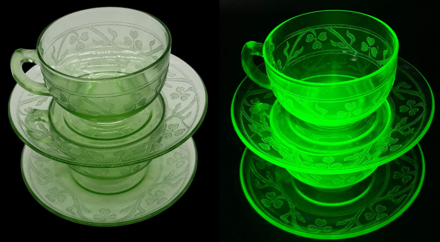 251210-13 Hazel Atlas Cloverleaf Uranium Glass Cup & Saucer