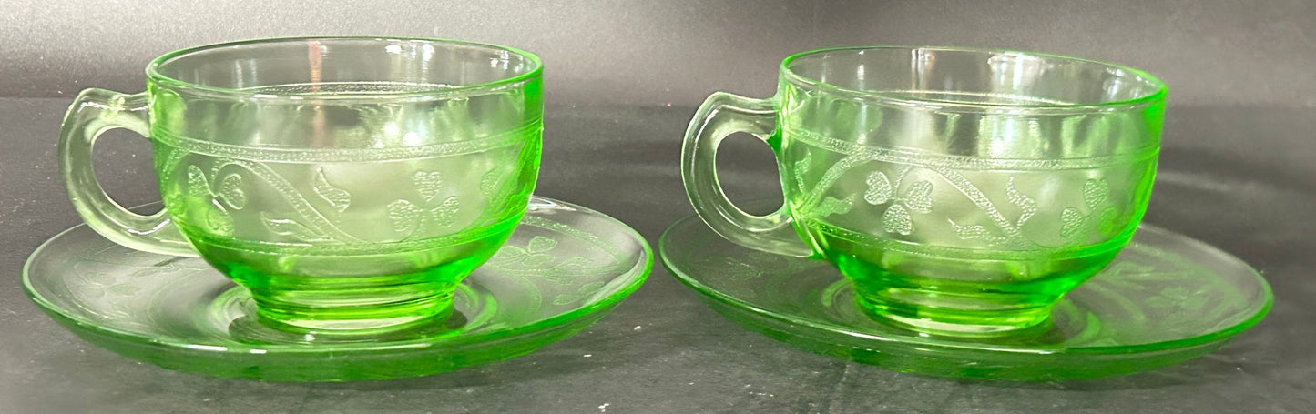251210-13 Hazel Atlas Cloverleaf Uranium Glass Cup & Saucer