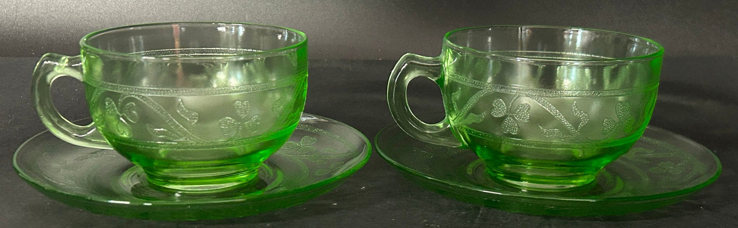 251210-13 Hazel Atlas Cloverleaf Uranium Glass Cup & Saucer