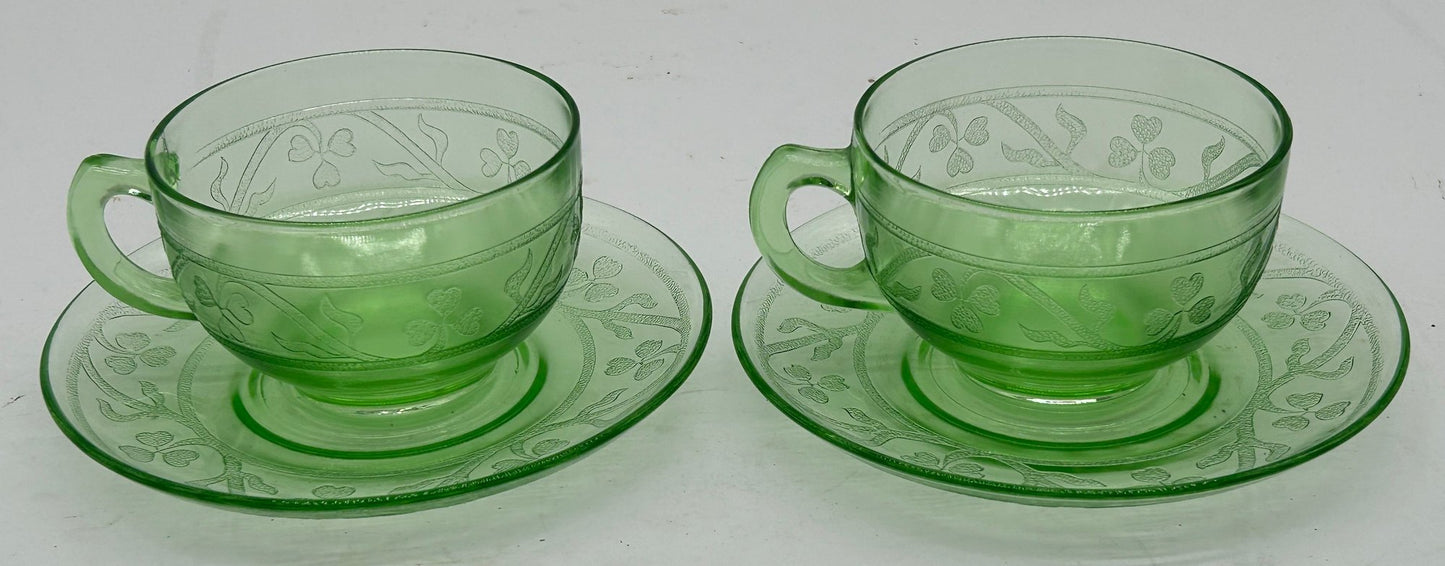 251210-13 Hazel Atlas Cloverleaf Uranium Glass Cup & Saucer