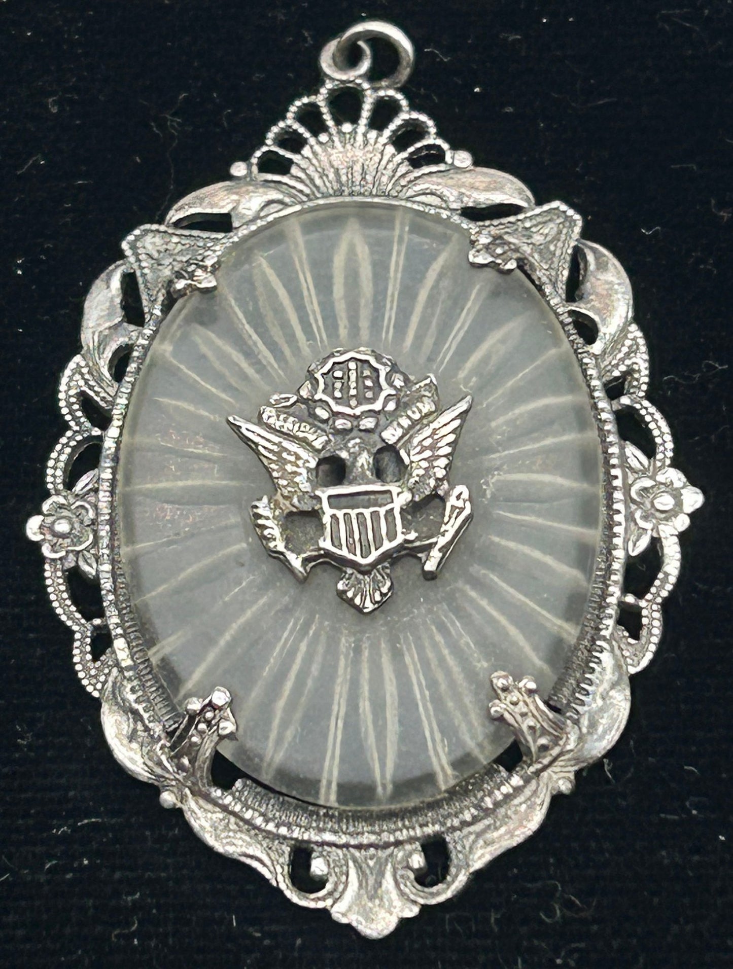 260708-15 Art Deco Sterling Camphor Glass US Army Pendant