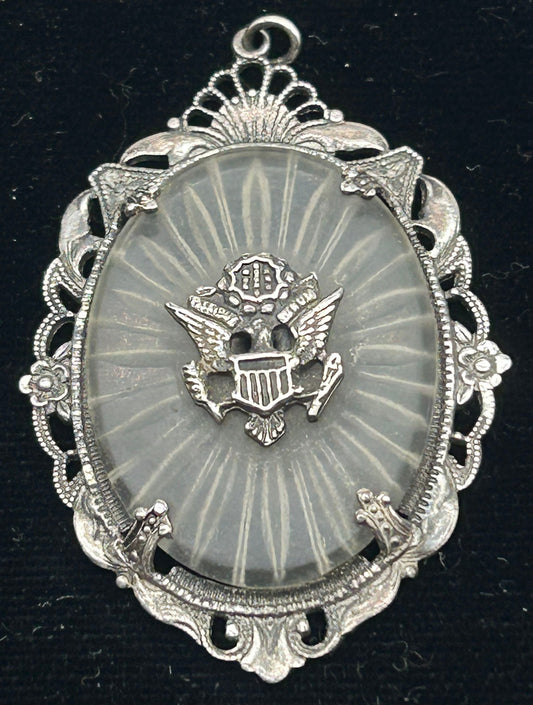 260708-15 Art Deco Sterling Camphor Glass US Army Pendant