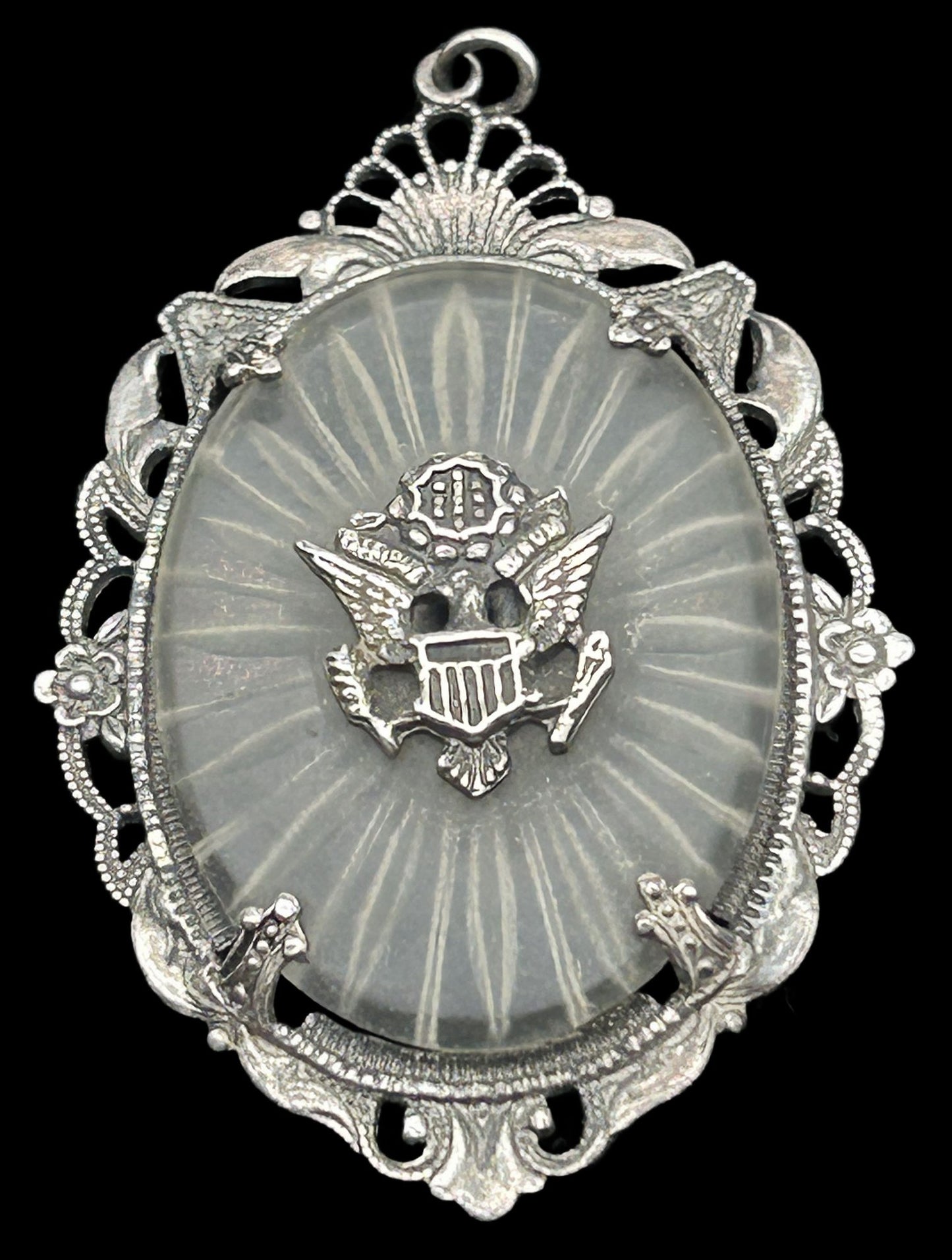 260708-15 Art Deco Sterling Camphor Glass US Army Pendant