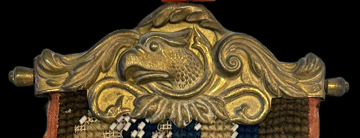 260408-10 Antique Bell pull - Needlepoint & Beaded With Brass Eagle Ends