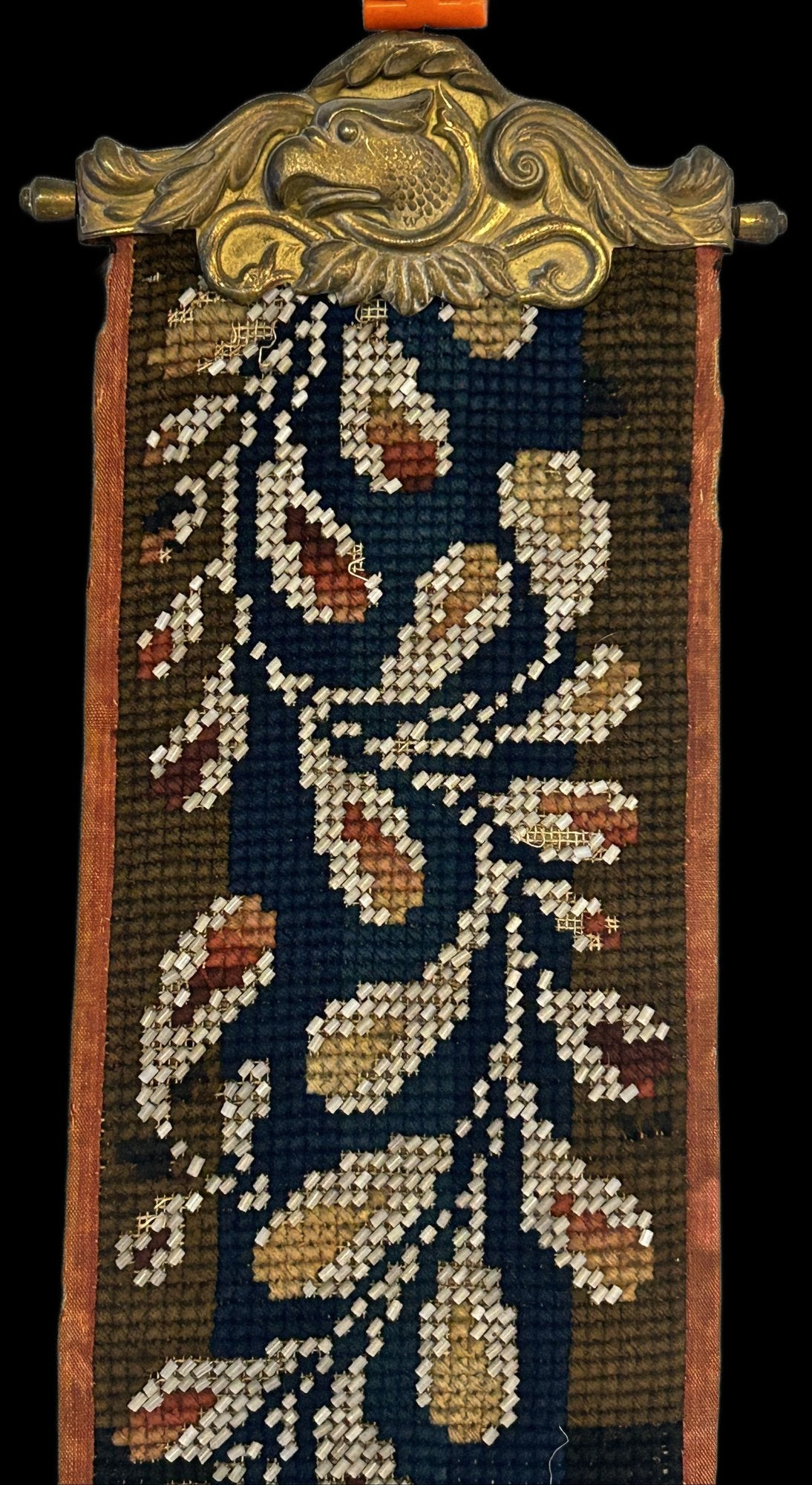 260408-10 Antique Bell pull - Needlepoint & Beaded With Brass Eagle Ends