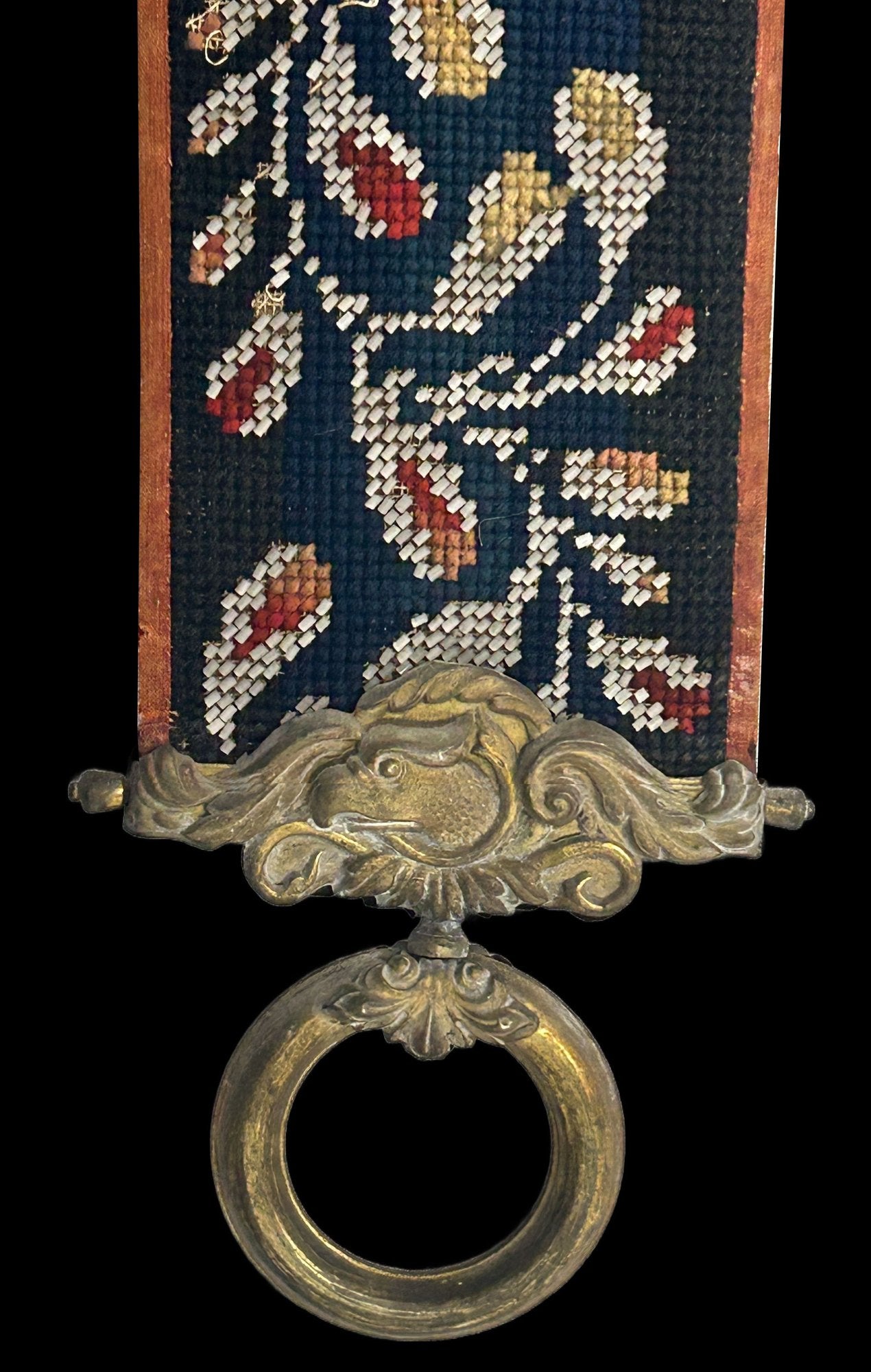 260408-10 Antique Bell pull - Needlepoint & Beaded With Brass Eagle Ends