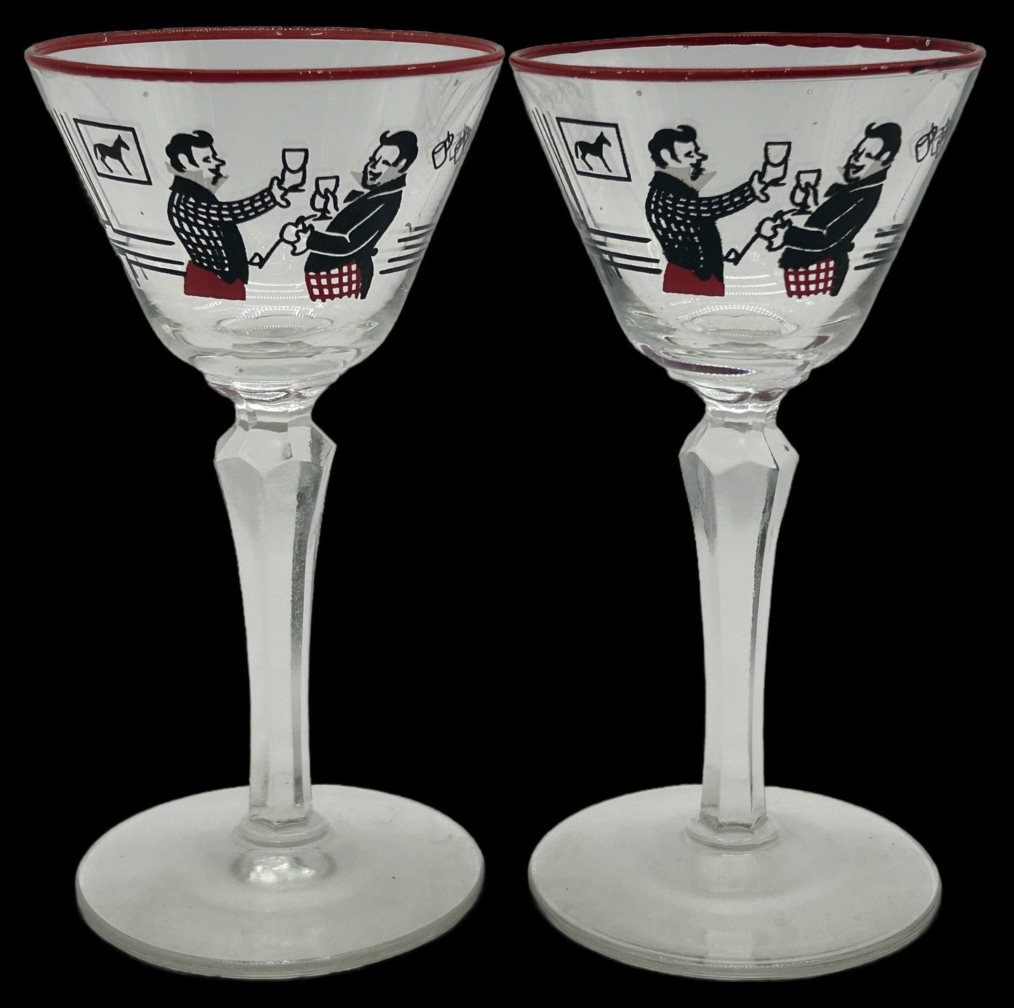 250917-21 Pair Gay Fad Black & Red Martini Glasses