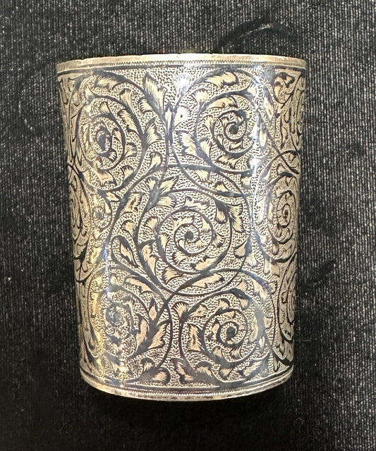 251009-5 Antique Russian Silver Beeker With Niello Inlaid Design