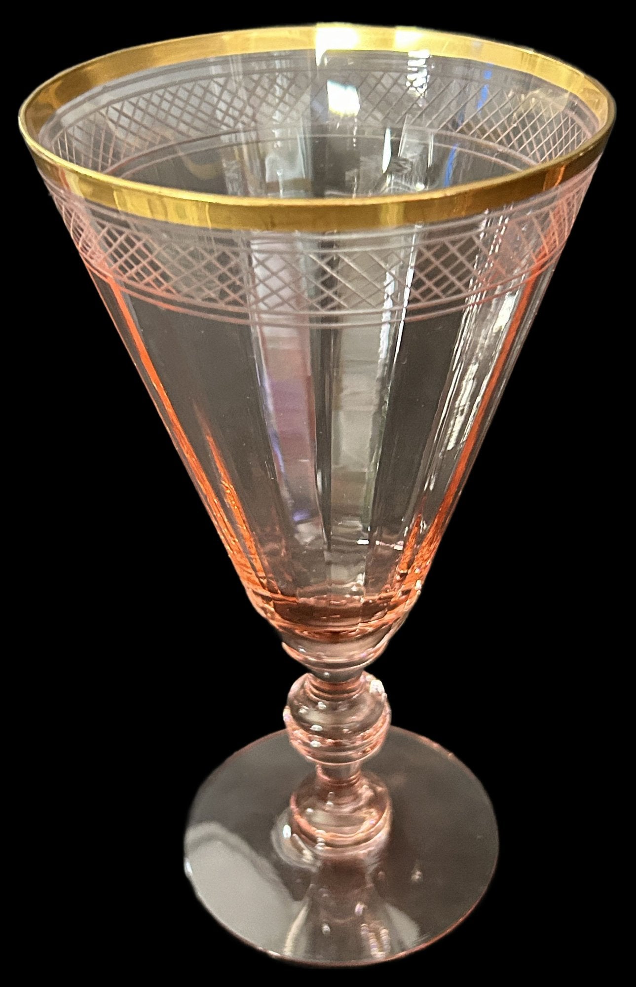 260708-24 Set of 4 Pink & Gold Depression Glass Goblets