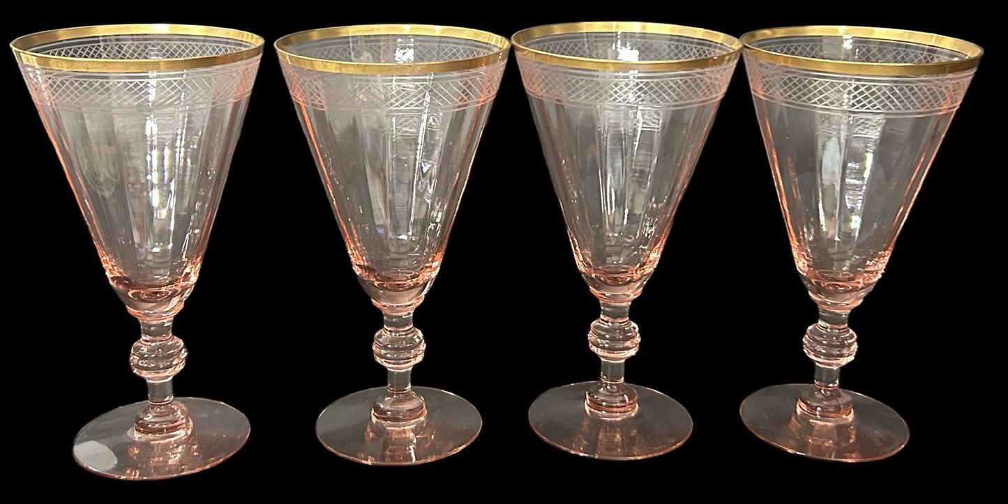 260708-24 Set of 4 Pink & Gold Depression Glass Goblets